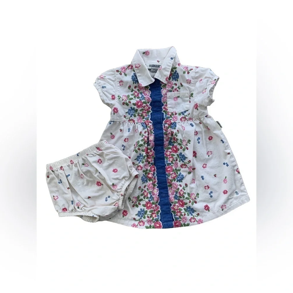 Vintage OshKosh Size 12 Months White Floral Dress and Bloomers Set